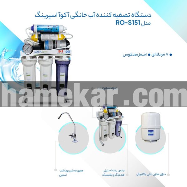 دستگاه تصفیه کننده آب خانگی آکوآ اسپرینگ مدل RO-S151 به همراه فیلترتصفیه آب کد 01 بسته 4 عددی